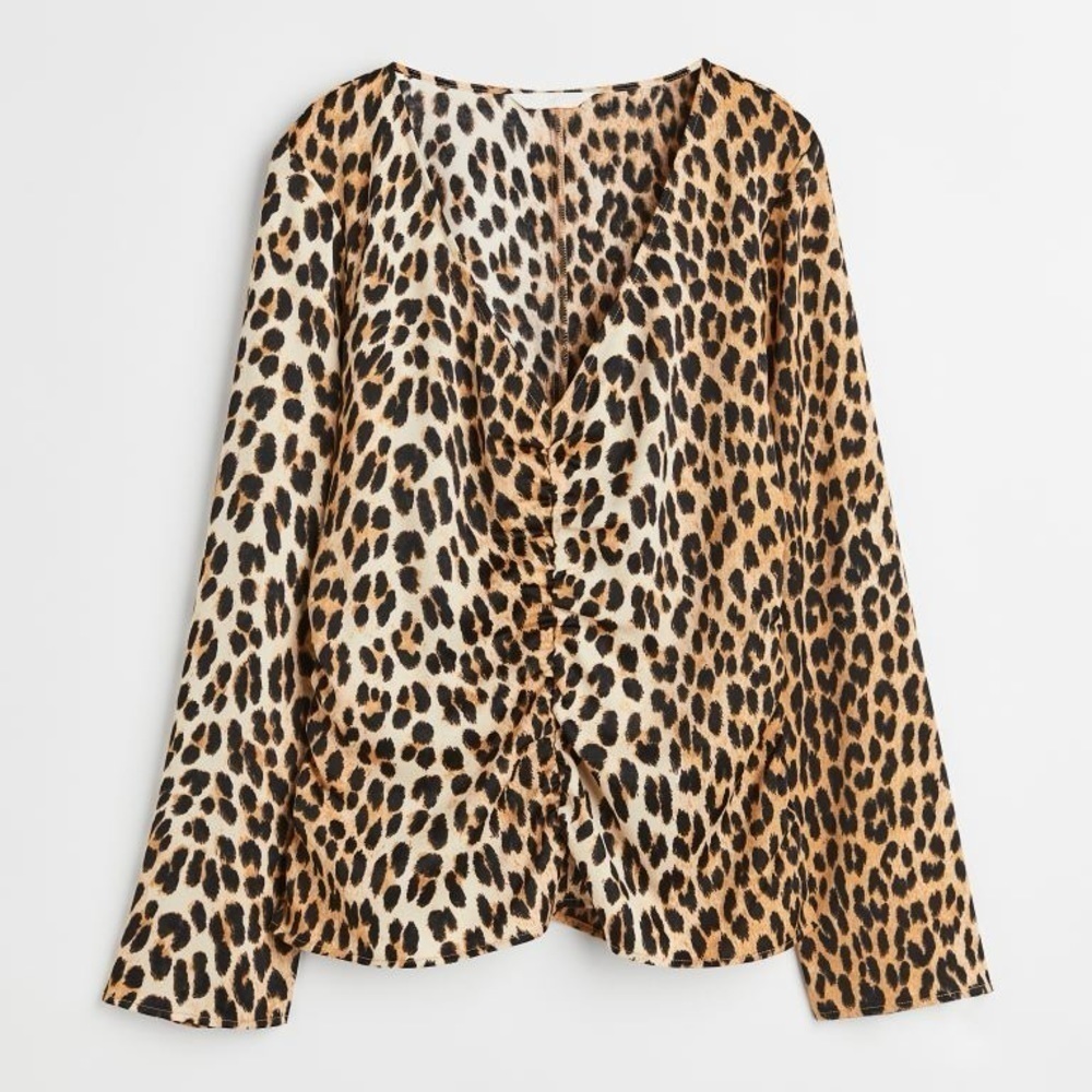 NWT H&M Long Sleeve Leopard Print V-neck Ruched Top Size XS